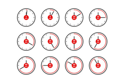 Timer icons. Analog clocks dial with red arrows different positions. C