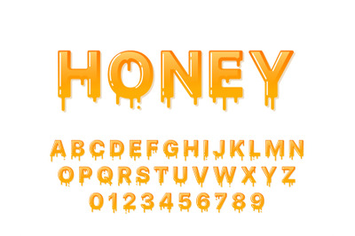 Honey font. Flowing syrup capital letters and numbers with droplets. M