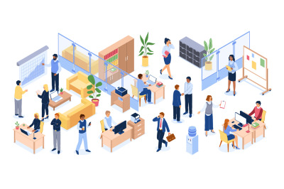 Isometric office people. Business workplace with tables computers and