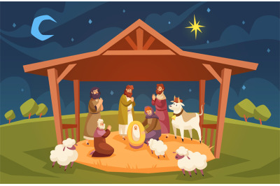 Bible scene. Christmas christian composition, jesus christ birth in ma