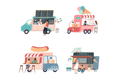 Food trucks. City mobile cafes. People buy hot dogs and ice cream. Ent