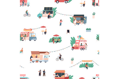 Street food pattern. Seamless texture of gastronomic fair with mobile