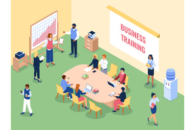 Isometric business training. Educational conference in office, people