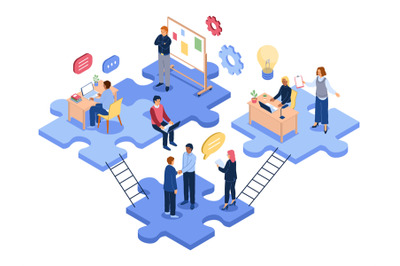 Isometric teamwork. Business people group solve problems together, off