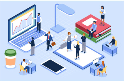 Isometric people in open space office. Coworking concept. Workplace fo