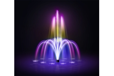 Color fountain. Realistic luminous dancing fountain, water jets backli