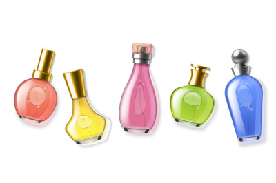 Realistic perfume bottles. Color transparent flasks with scents, 3d gl