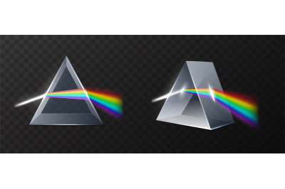 Light prism. Realistic glass pyramid with refracted laser ray, rainbow