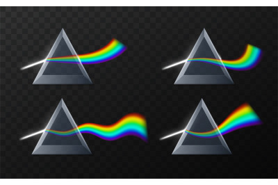 Prism rainbow shapes. Realistic physics refraction, triangular pyramid