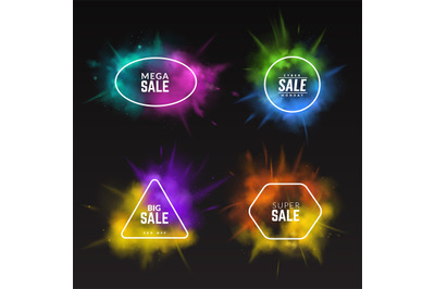 Color splashes sale banners. 3D paint explosions, discount flyers set.