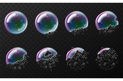 Rainbow soap bubbles explosion. Realistic break stages&2C; 3d transparent