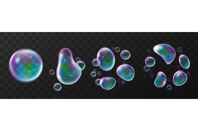 Soap bubble deformation. Realistic transparent balls with rainbow refl