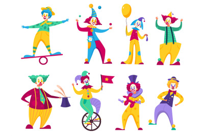 Funny clowns. Circus comedians with colorful costumes collection, vari