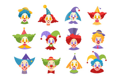 Clown faces. Funny comic clownish masks, kids comedy artists physiogno