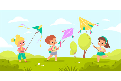 Children fly kites. Kids launching air toys in nature, outdoor games a