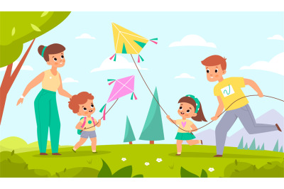 Family fly kites. Happy mother and father with children launch wind to