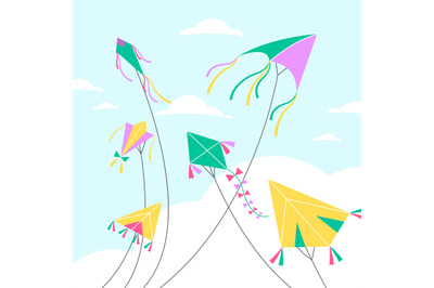 Kites in sky. Different shapes air toys on clouds backdrop&2C; blue sky b