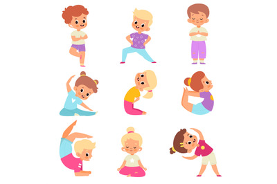 Children yoga. Cute kids yoga poses collection, happy flexible boys an