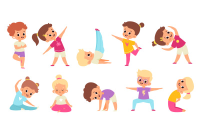 Kids yoga. Childish gymnastic poses, stretch and balance, children spo