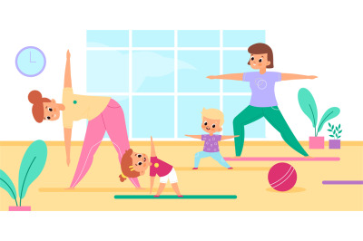 Mothers yoga with kids. Moms and children group fitness class, joint s