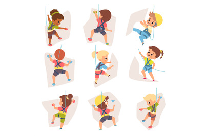 Kids climbing. Happy equipped children crawling up wall with colored l