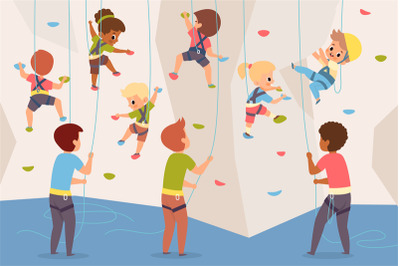 Rock climbing wall. Boys and girls team climb up stone dummy, adults i