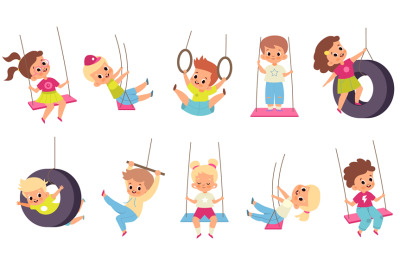 Rope swings kids. Cartoon boys and girls flying on seesaw. Types set o