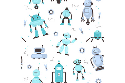 Seamless pattern kids robots. Funny childish robotic mascot, school in