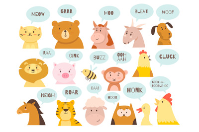 Animals sounds. Cute kids fauna characters with typical noises of spec