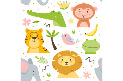 Seamless pattern cute animals. Kids cartoon african fauna characters&2C;