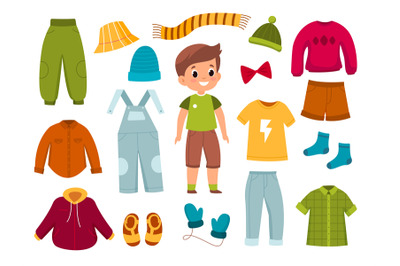 Boy clothes. Young modern child with apparel around, different seasons