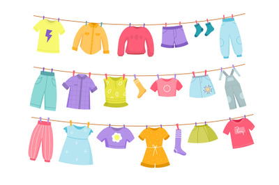 Kids clothes rope. Childish color dresses, sweaters, trousers and skir