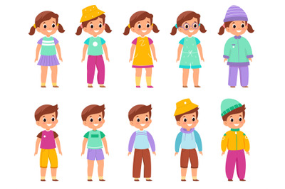 Kids different wearing. Boys and girls in diverse colorful outfits, ch