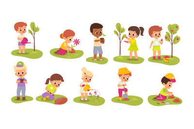 Kid gardener. Children work in garden. Babies watering trees and picki