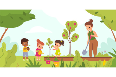 Kids garden planting. Happy children with women tend plants outdoor, w