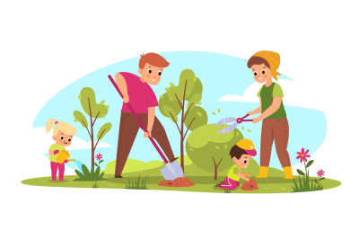 Family gardening. Parents and children take care of plants. Seasonal f