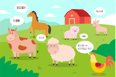 Farm animals background. Cartoon funny domestic animals on meadow with