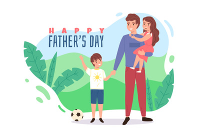 Father day. Happy dad with son, daddy hug daughter, children with pare