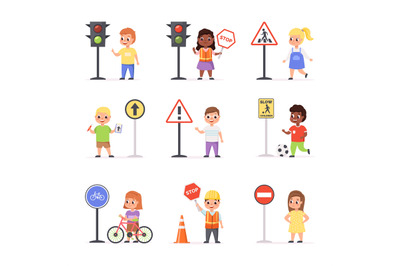 Kids road signs. Children learn road rules, boys and girls with traffi