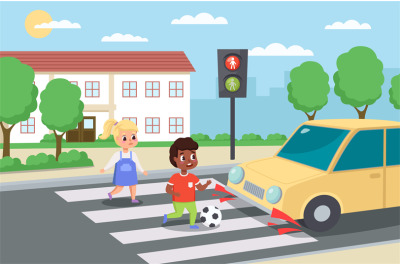 Violation road rules. Kids abruptly cross path, dangerous scene, playi