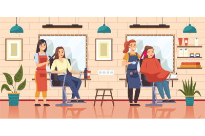 Female hair salon. Girls sit in barber shop chairs front mirrors, hori