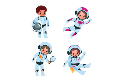 Children in cosmic suits and helmets in space. Kids astronauts explore