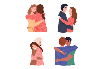 Hugs. Men and women pairs hugging, romantic and friends relationships,