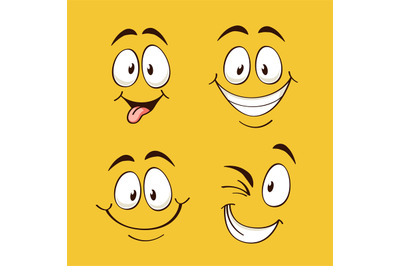 Positive emotions. Happy faces on yellow background, comic eyes brows