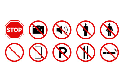 Prohibition signs. Public attention, forbidden smoke, food symbol, pho