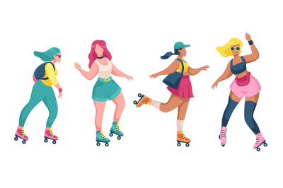 Roller skating girls. Young women roller skates, rollerblading teenage