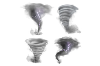 Hurricane vortex. Realistic tornado, 3D twister storm with lightning b