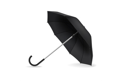 Open umbrella. Realistic black mockup. Side view weather object on gro