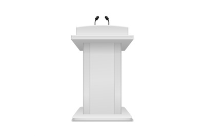 Podium speaker. Debate tribune white stand with microphone front view.