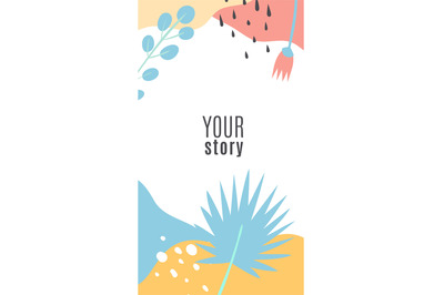 Stories editable template. Modern tropical botanical frame, palm leave